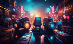 futuristic city with large bright objects in the foreground