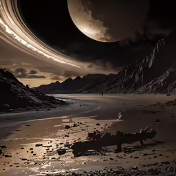 two distant planets are reflected in a rocky body of water
