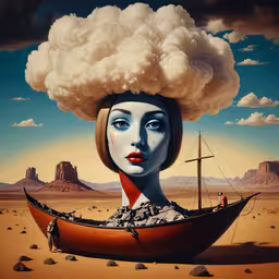 the woman with the boat is all over her head,a woman with clouds over her head is floating across a boat in the desert