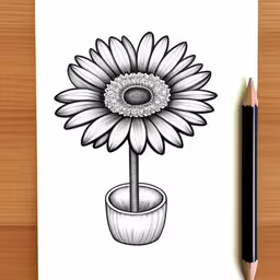 a pen drawing of a sunflower in a flowerpot