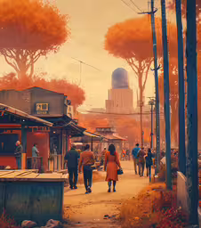 many people walking down the street in a rural area,people walking down the sidewalk near trees in the city