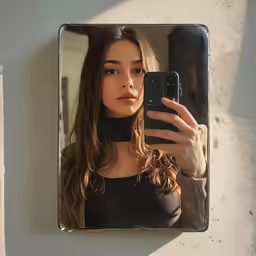 a woman with long hair and dark skin is taking a selfie in front of a mirror