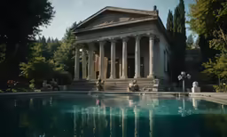 two people standing outside of a building near a pond