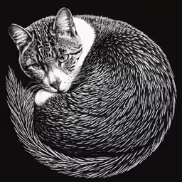 a cat curled up in a ball, with its head resting on top