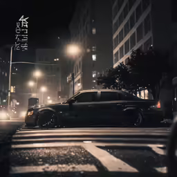 a black car is driving on the street at night