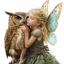 a little girl dressed in green with an owl
