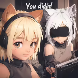 an anime woman is holding a computer and cat ears