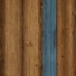 an orange and blue vase sits on top of a wooden table,a white dog sits on a wooden bench