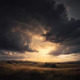 the sun is shining through clouds over a grass field