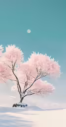 a picture of a pink tree and the moon in the sky