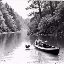 black and white photo of man sitting in canoe with paddle