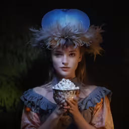 the young girl has a costume and hat holding a drink