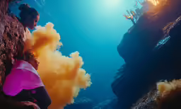 the woman is standing by the edge of the cliff as it is colored orange
