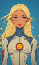 a woman with white hair and blue outfit is standing in front of a blue background
