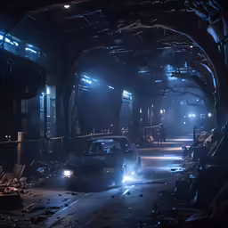 a car on a street with bright lights coming from its windshield