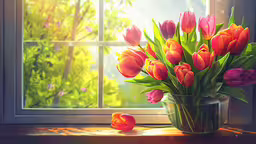 a bunch of flowers sit in a vase,painting of flowers on table by window