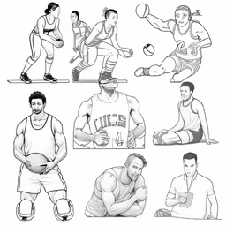 different ways to practice sports ball,four different types of players in different poses,black and white illustrations of the various sports activities that happen in your drawing class,four basketball players from different styles and poses,a black and white drawing of many people