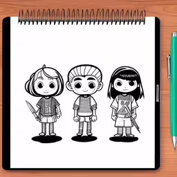 a notebook with a cartoon style image of two people holding swords,the three children drawn on a notepad with pen and pen