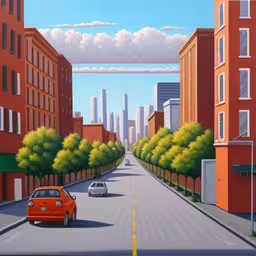 a painting of a red car on the street and buildings,cars and a bus moving on a city street,a painting of cars traveling on a deserted city road,a painting of a red car passing a white car on a city street,a painting of a red car driving down a city street