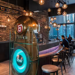 an open - air bar with a big sign at the front