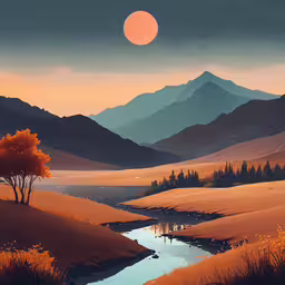 a painting of mountains, grass and water,an image of the mountains and rivers are very nice