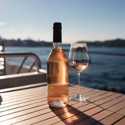a wine glass sitting next to a bottle of wine on top of a wooden table