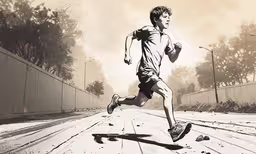 a young man jogging across a sidewalk on an overcast day,a man runs on a dirty city street