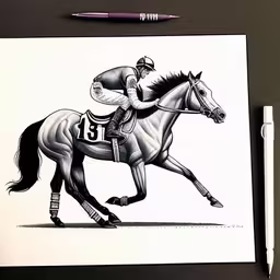 a drawing of a horse and rider with the number 13 on it,an illustration of the jockey rides on the back of a horse