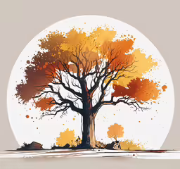 an image of the tree with yellow leaves,a tree is surrounded by orange and yellow leaves