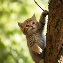 a kitten climbing a tree and trying to get up