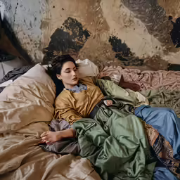 a person sleeping in a bed with a messy wall