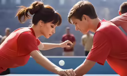 two people holding racquets over a table with white tennis balls