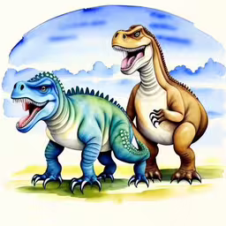 two dinosaurs are in the distance one has its mouth open