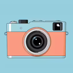 an orange and blue camera with a black lens