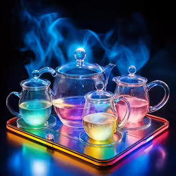 tea set with glass kettle and cups filled with colored liquids