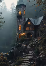an old stone building sitting on top of a mountain
