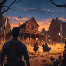 two men on horses in front of an old western home