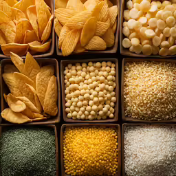 various foods are packed up in rows