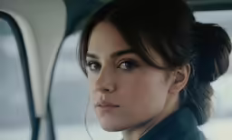 a woman sitting inside of a vehicle looking out the window