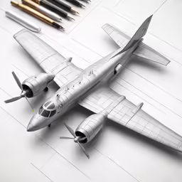 a plane sitting on top of a table surrounded by pencils