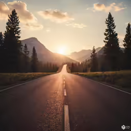 sun setting on highway leading to mountain ranges