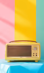 a retro radio is placed on a table