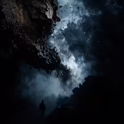 an artistic photograph shows the person standing at the top of a dark cave, with stars rising from it