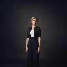 an older woman poses in black pants, with white shirt and blazer