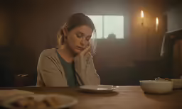 a woman looks down while sitting at a table in front of a candle