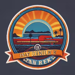 a black and red van next to the ocean,a stylized poster depicting the bay denlikke