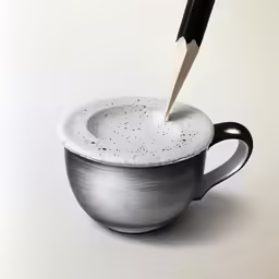 a black pencil is sticking into the inside of a grey cup