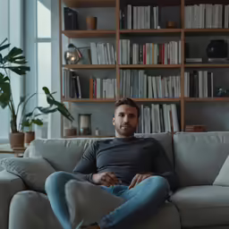 a man sitting on a couch with his feet crossed