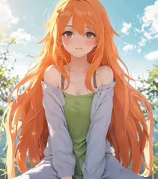 an anime woman sitting on top of a rock