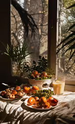 a meal is on a table by the window